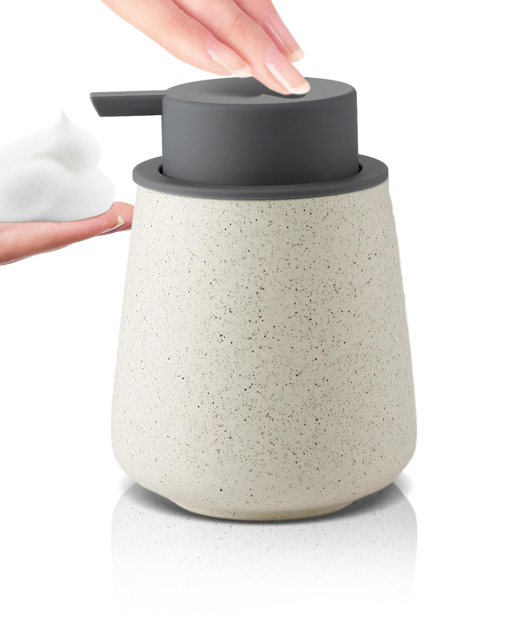 Foam Hand Soap Dispenser - 12 oz Bathroom Lotion Hand Pump Dispenser Ceramic Foaming Soap Dispenser with Grey Removable Pump for Kitchen Hand Wash Dispenser Speckled Matte Beige