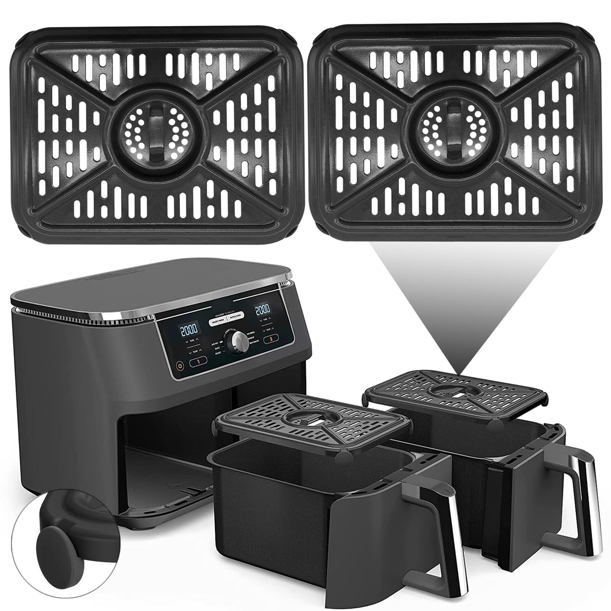 2 Pieces Air Fryer Grill Pan for Ninja Foodi DZ550 DualZone Air Fryers Replacement Air Fryer Crisper Plate Grill Plate Tray Accessories with Rubber Bumpers Dishwasher Safe