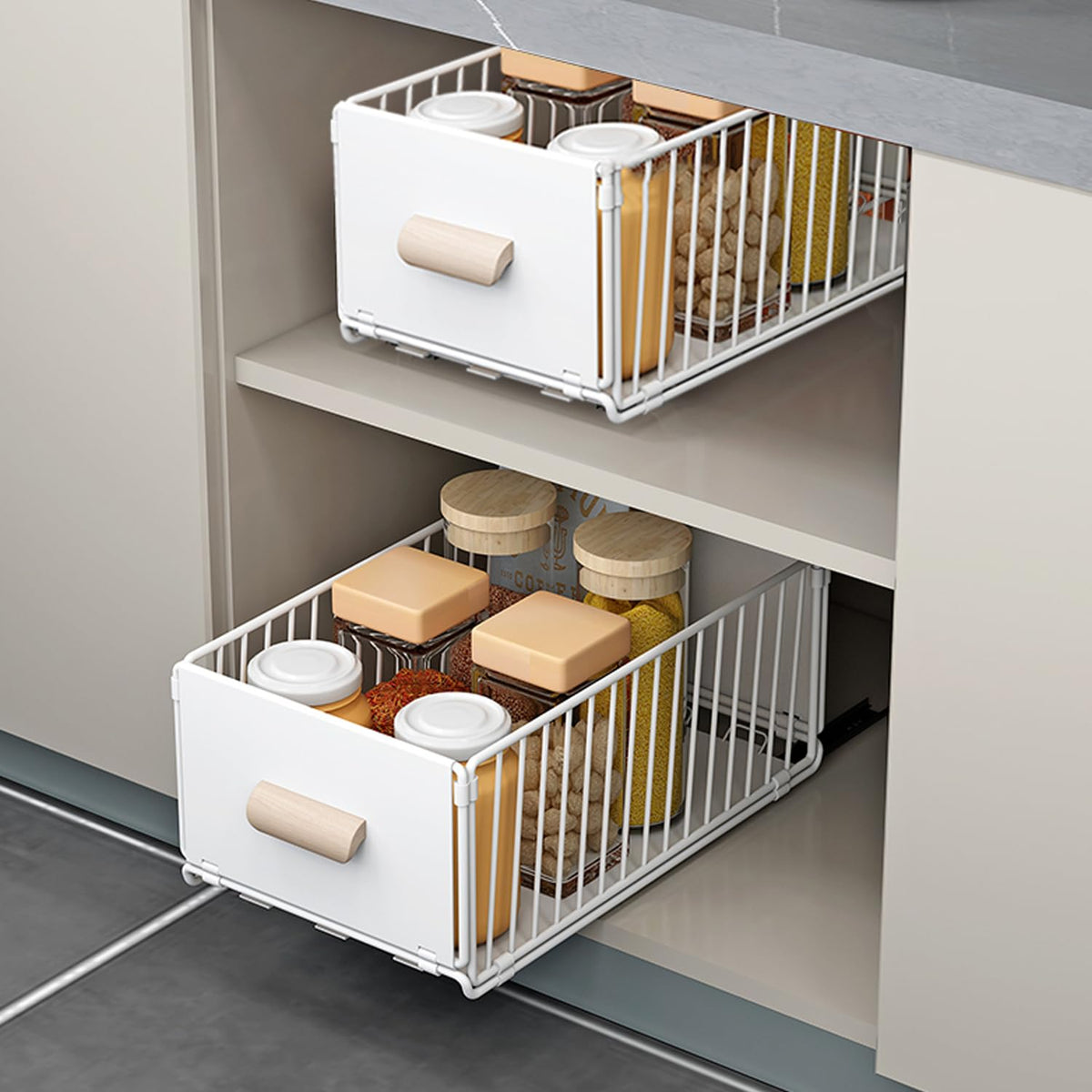 2 Pack Pull Out Cabinet Organizer with Adhesive Nano Film Under Sink Organizer Drawer Type Food Storage Cabinet Shelf Sliding Mesh Cabinet Basket for Kitchen Bathroom - 15.7" L*9.4" W*6.7" H
