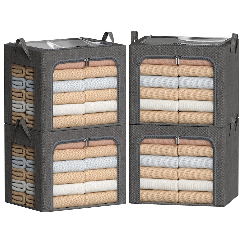 Clothes Storage Bins with Metal Frame-4 Pack Foldable Storage Organizer Bin for Clothes Linen Fabric Storage Box with Opening Clear Window (Drak Gray 15.7"L x 11.8"W x 7.8"H(inch))