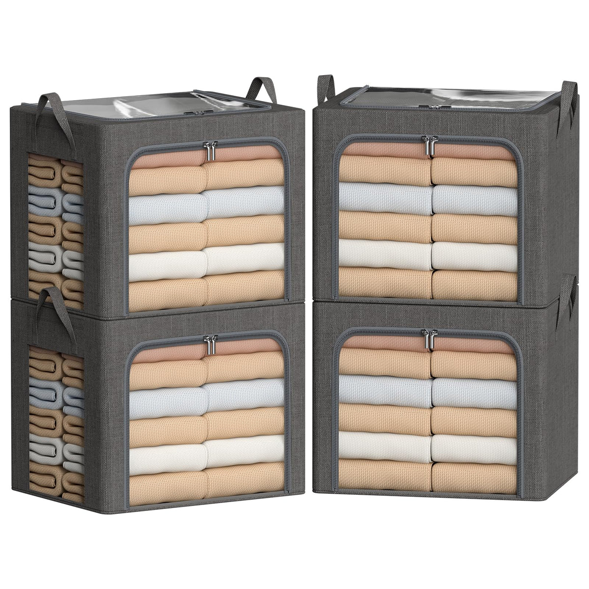 Clothes Storage Bins with Metal Frame-4 Pack Foldable Storage Organizer Bin for Clothes Linen Fabric Storage Box with Opening Clear Window (Drak Gray 15.7"L x 11.8"W x 7.8"H(inch))