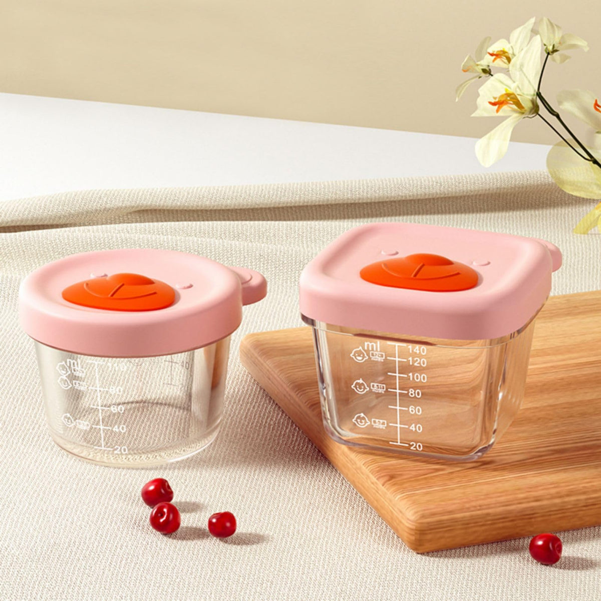 CUAIBB Baby Food Containers 2 Pack Baby Food Storage Containers 4.39 & 5.4 oz Glass Food Containers Leakproof Storage Jars with Breathable Holes Lids Pink - 130 & 160 ML