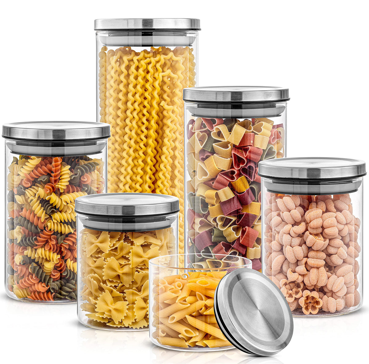 JoyJolt Kitchen Canister Set. 6 Glass Jars with Lids (Stainless Steel) Lids. Airtight Food Storage Containers for Pantry or Counter. Versatile Pantry Organization Sugar Container or Cereal Canisters