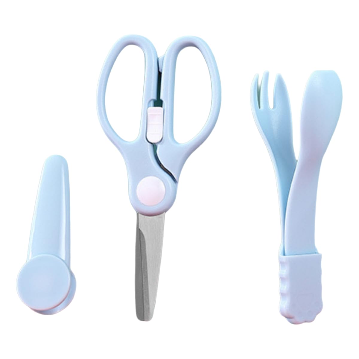 Baby Food Scissors with Travel Case Tong Spoon Fork Set Portable Stainless Steel Shears with Safety Lock Dishwasher Safe Kitchen Scissors Healthy Food Cutter with Dust Cover Blue