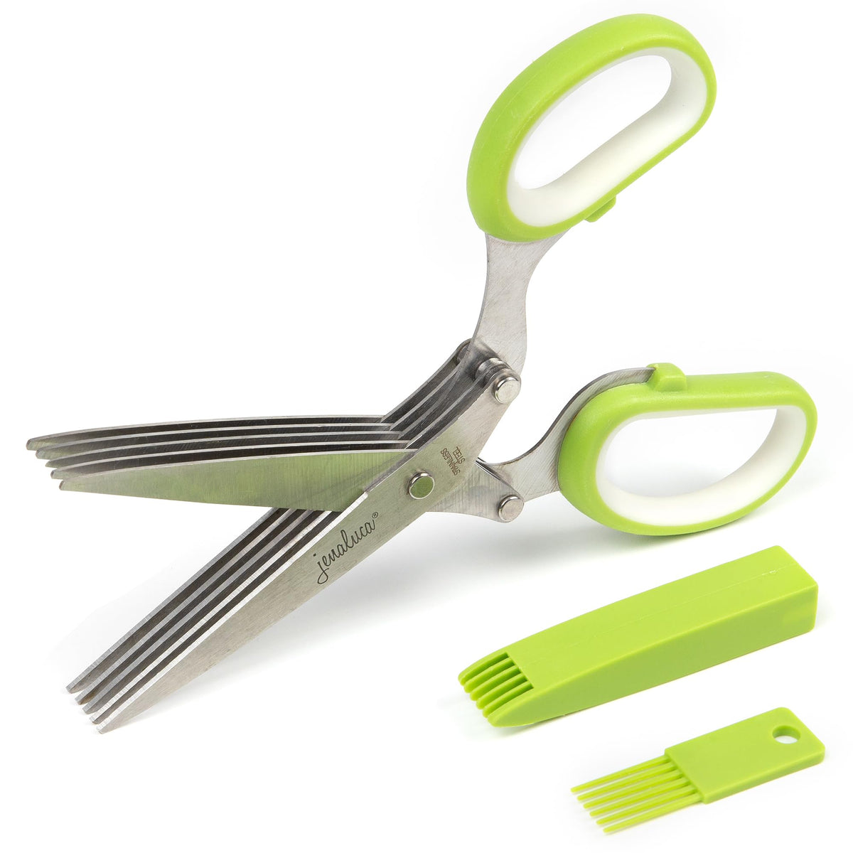 Jenaluca Herb Scissors with 5 Blades and Safety Cover - Salad Scissors - Cut Chop & Mince Fresh Herbs & Leafy Greens - Stainless Steel Kitchen Shear Set with Cleaning Comb Kitchen Essential - Green