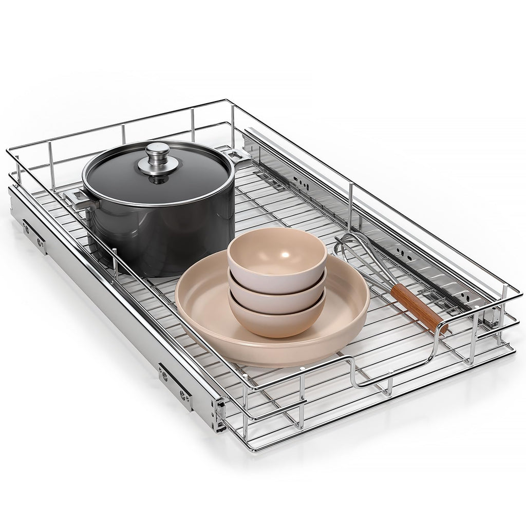 MaxGear 1 Tier Pull Out Cabinet Organizer Heavy Duty Bathroom Storage Stainless Steel Under Sink Organizer Slide Out for Kitchen Pantry Bathroom - 11" W x 21" D Chrome