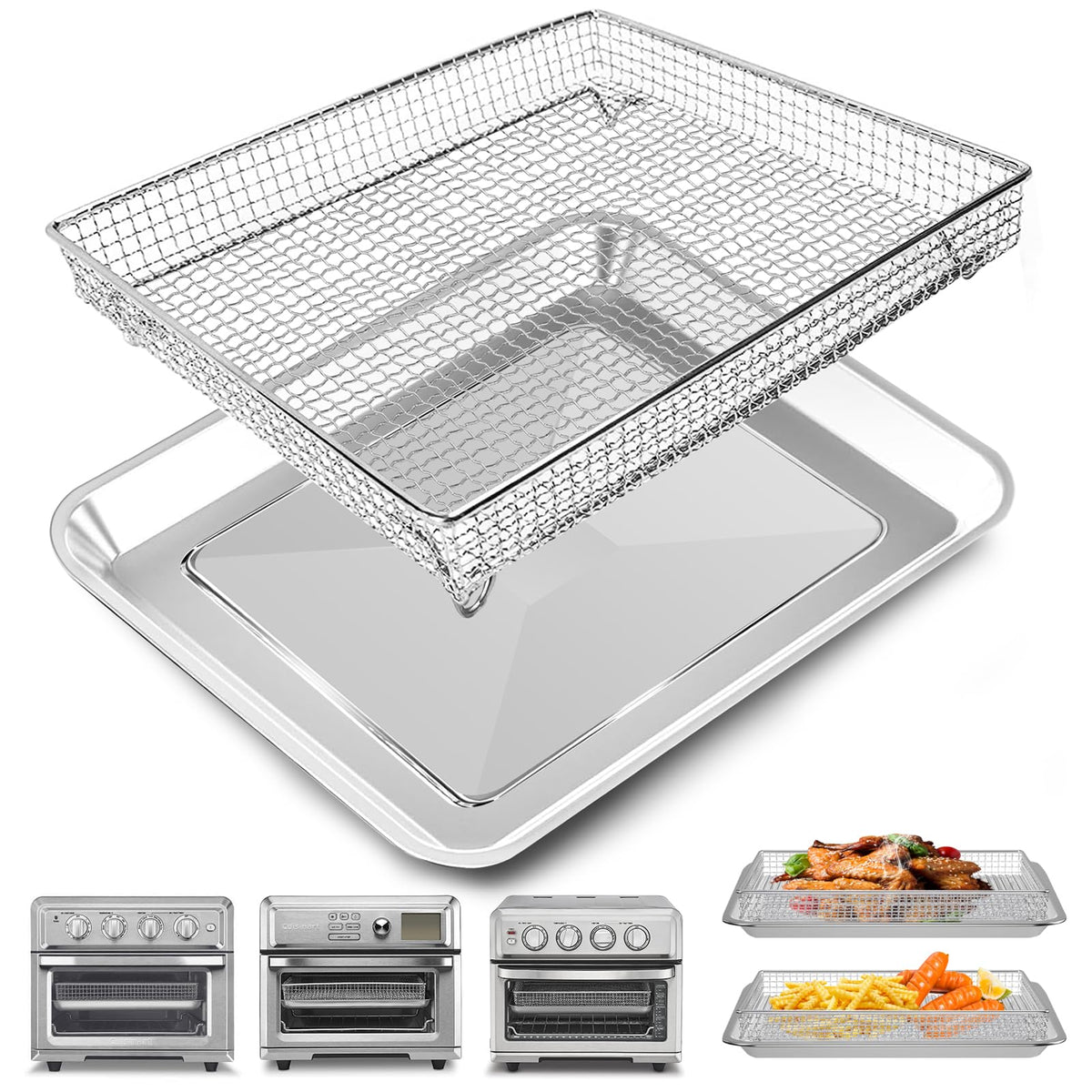 Air Fryer Basket Tray Replacement for Cuisinart TOA-60 TOA-65 TOA-70 Toaster Air Fryer Convection Oven 12.2 * 11Mesh Air Fryer Steel Basket Wire Rack Accessories Parts Dishwasher Safe