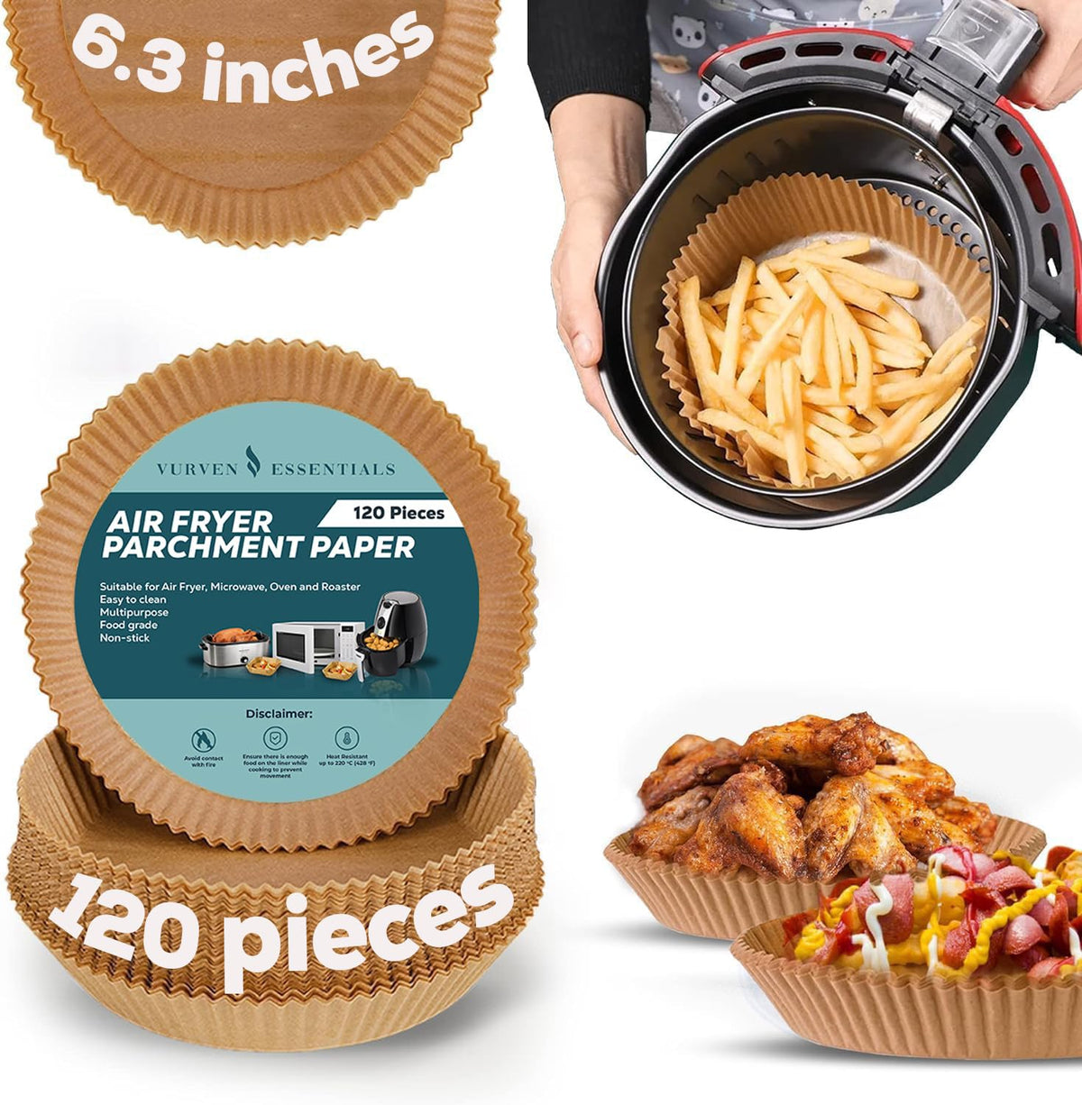 Vurven Essentials 120PCS Air Fryer Liners Brown 6.3 Inch - Air Fryer Parchment Paper Liners - Non-Stick High-Grade & Durable Airfryer Liners – Ideal for Oven Microwave & All Air Fryers