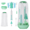 VSTM Electric Travel Baby Bottle Brush Set Electric Bottle Cleaner Silicone Water Bottle Brush Nipple & Straw Brush Milk Frother and Drying Drainage Rack (Green)