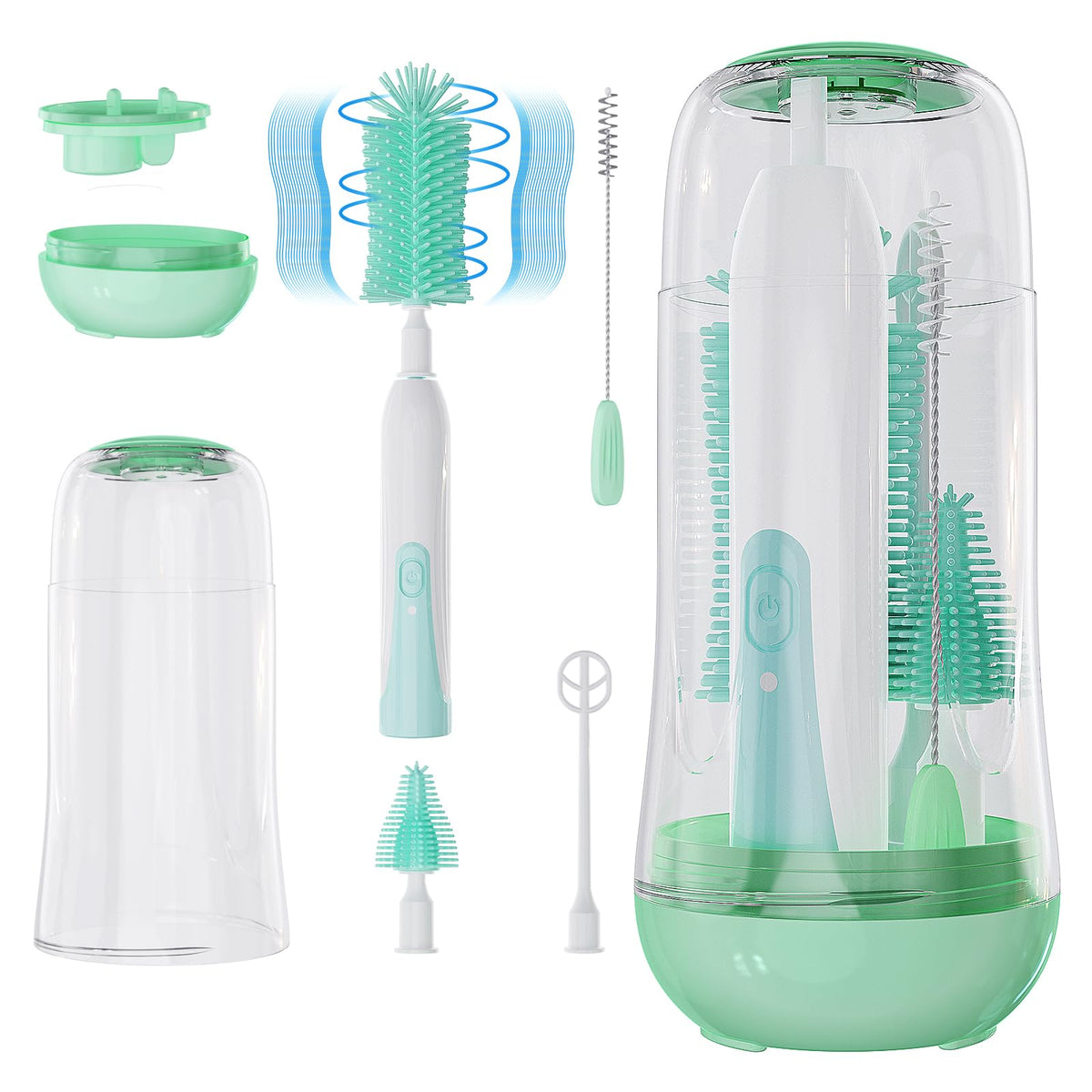 VSTM Electric Travel Baby Bottle Brush Set Electric Bottle Cleaner Silicone Water Bottle Brush Nipple & Straw Brush Milk Frother and Drying Drainage Rack (Green)