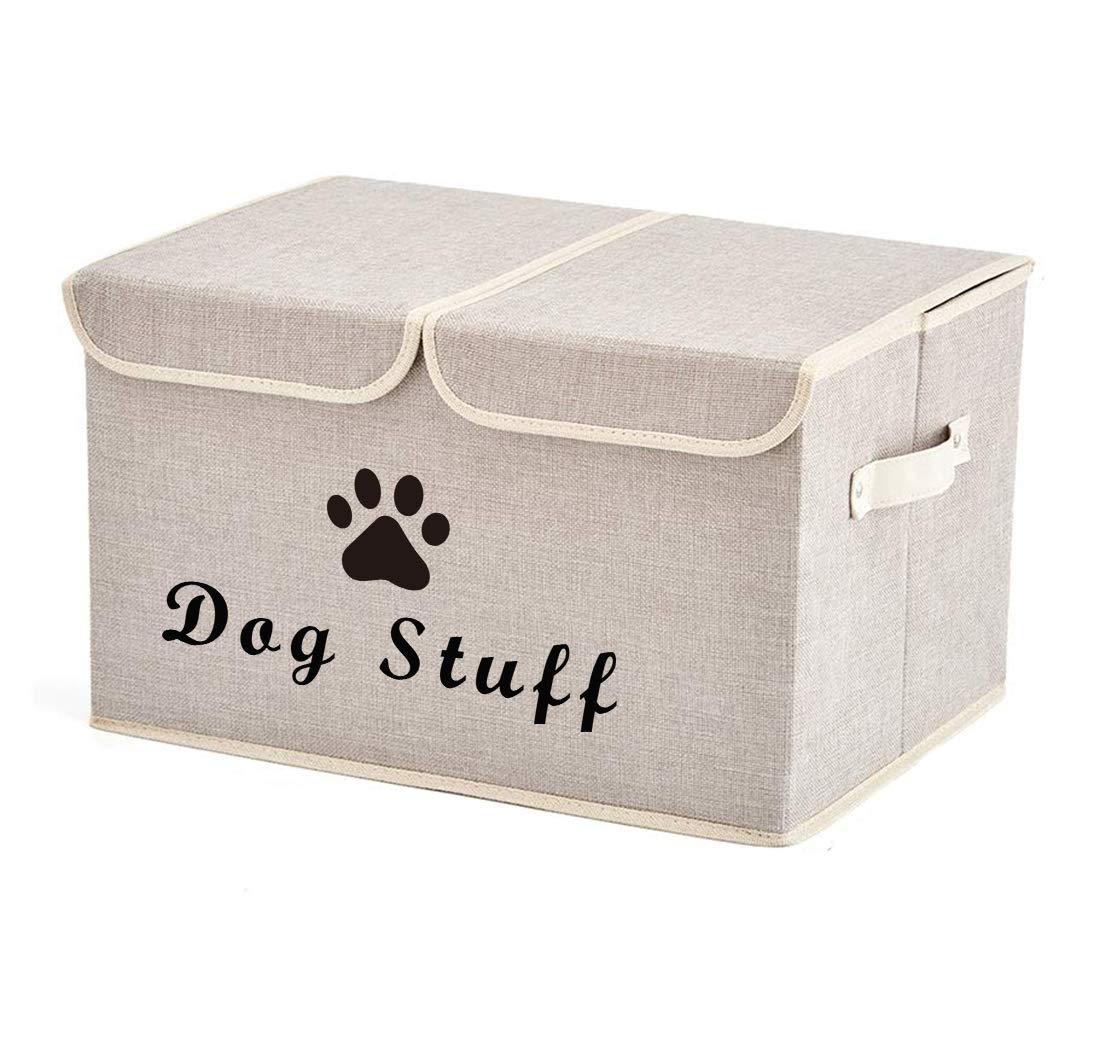 Geyecete Large Storage Boxes - Large Linen Fabric Foldable Storage Cubes Bin Box Containers with Lid and Handles for Dog Apparel & Accessories Dog Coats Dog Toys Dog Clothing(Beige)