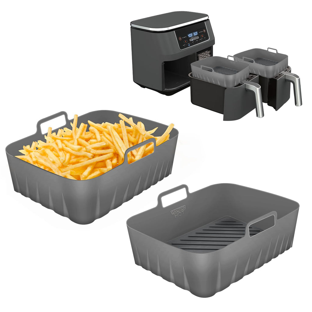 Golden Associate Silicone Liners Rectangle 2 Pcs for Air Fryer Dual Basket 8 to 10 Qt Food-grade Reusable Baking Tray Fit Ninja DZ201 DZ401 DZ550 4 to 5 Qt Each Airfryer Accessories Grey